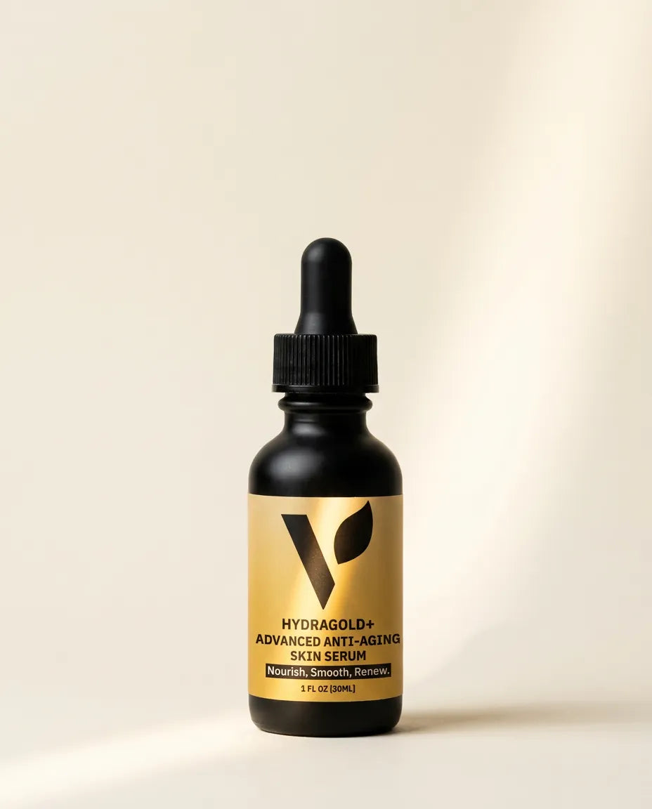 Hydragold+ serum dropper bottle on a cream backdrop in soft light