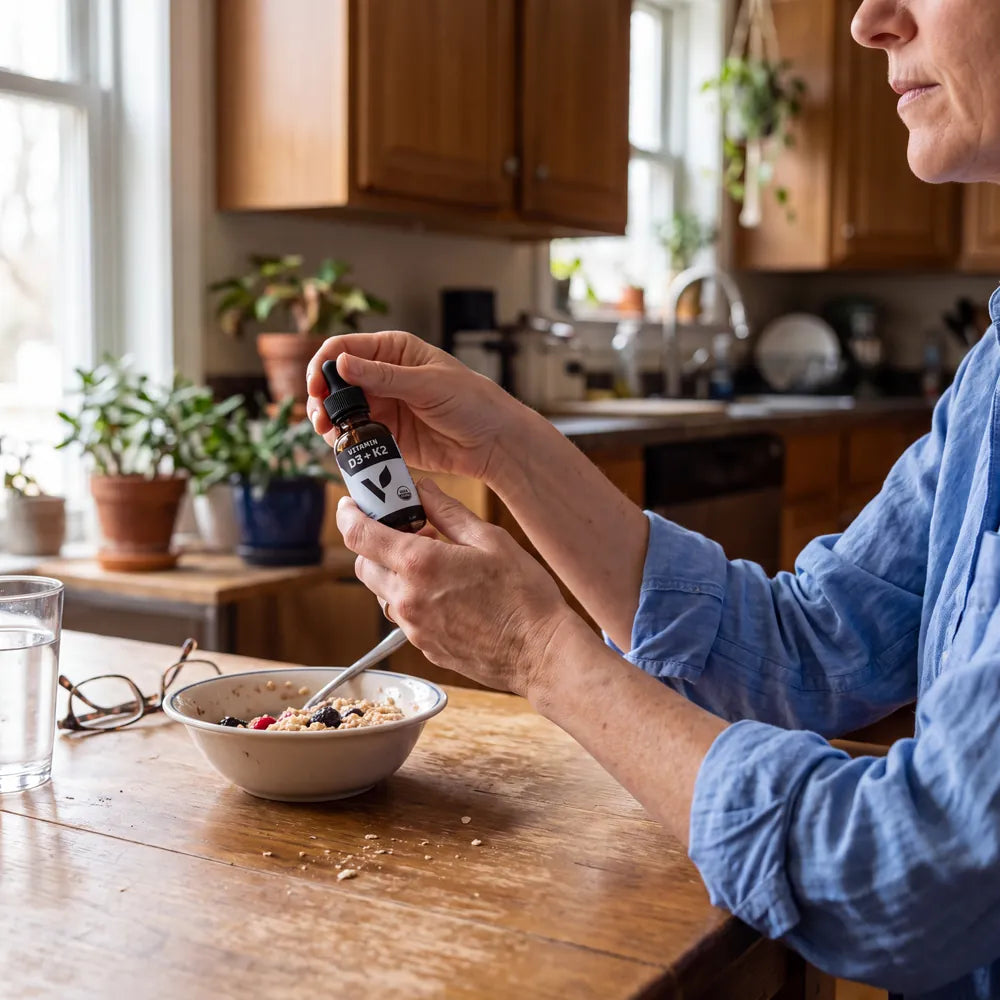 Hands squeezing the Vitamin D3 + K2 dropper over a bowl of oatmeal at a kitchen table