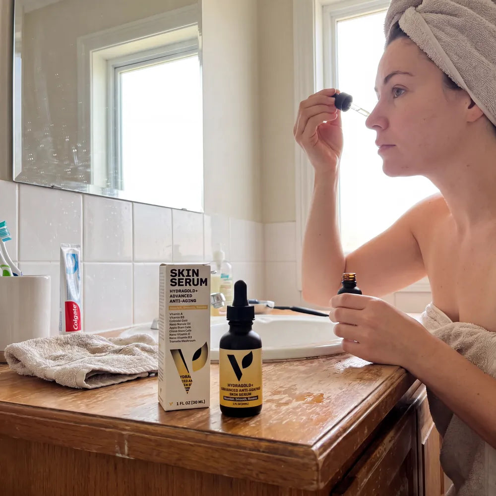 Woman in a towel applying Hydragold+ serum at the bathroom sink
